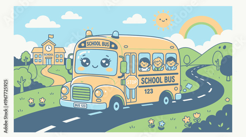 Smiling cartoon school bus on road.