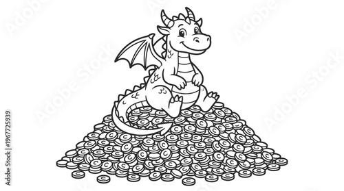 Cute cartoon dragon sitting on coins.