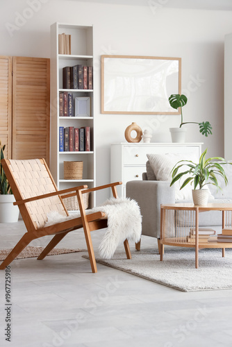 Bookcase, cozy sofa, wicker...