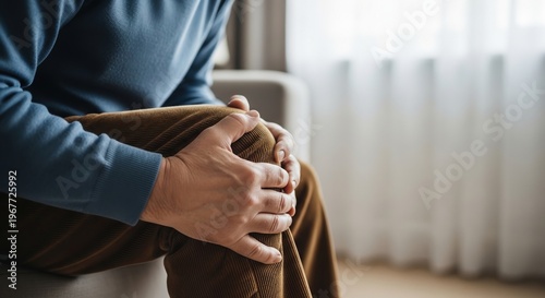 A close-up view of an older man's hands grasping his knee in discomfort, illustrating the prevalent struggles with joint pain and age-related mobility issues in daily life