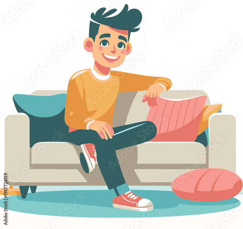 Relaxed young man enjoying leisure time at home, comfortably seated on a sofa, embodying a happy and modern casual lifestyle in a clean flat design