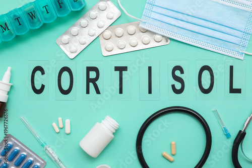 Word CORTISOL with stethosc...