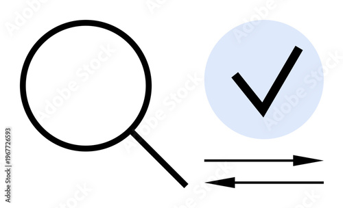 Search, validation, data exchange, correctness, information flow, decision-making. Visual includes a magnifying glass, checkmark in a circle and arrows pointing in opposite directions. Search