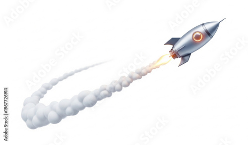 Modern 3D cartoon rocket with curved white smoke trail flying diagonally on white background vector illustration