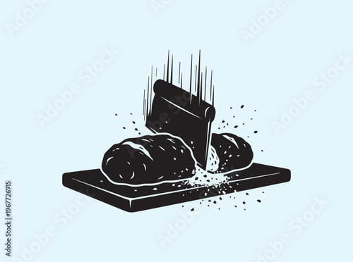 Dough scraper chopping action silhouette with motion lines and flour