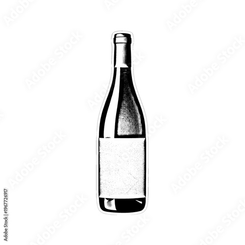 Black and white illustrated wine bottle with blank label, stylized glass contour, dotted shading, minimalist design, isolated foreground.