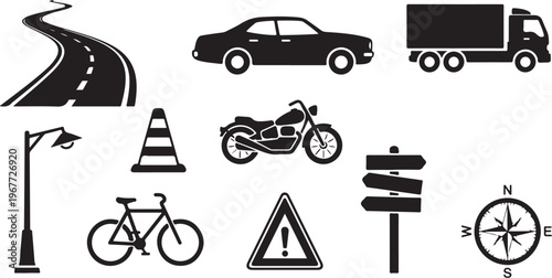 Transportation Road Signs and Vehicles Icon Set Collection
