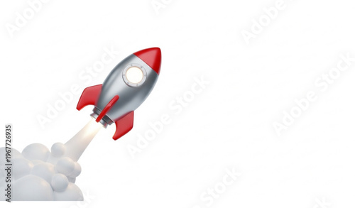 3D cartoon small rocket flying diagonally with white smoke trail isolated on white background vector illustration