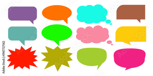 A simple design set of colorful message comment chat boxes. A collection of comic and social media speech bubbles, text boxes, and chat boxes. A vector set of comic and social media speech bubbles.