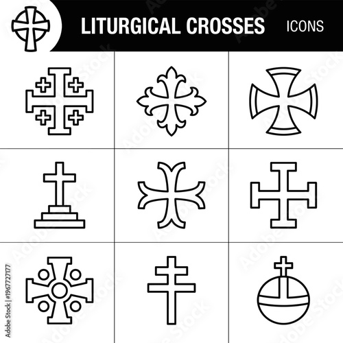 Collection of Liturgical Crosses as Thin Line Vector Icons.