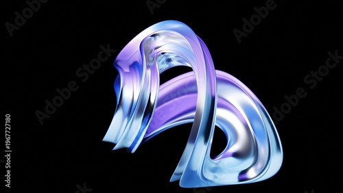Transparent Iridescent Glass Abstract 3D Element, Blue-Violet Gradient Colors. 3D Render. 