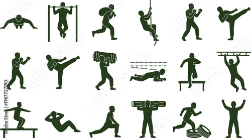 Set of green silhouettes depicting various fitness exercises and workout routines.