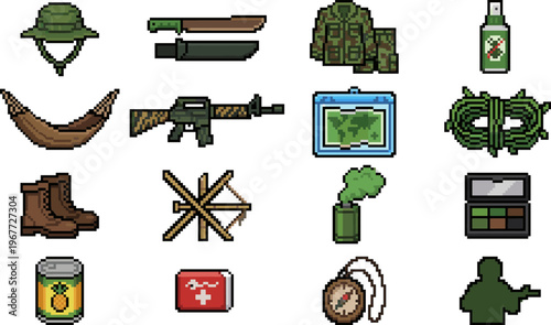 Pixel Art Icon Set of Military Survival and Jungle Warfare Equipment.