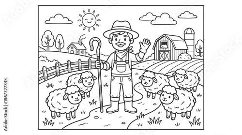 Farmer standing with sheep on farm.