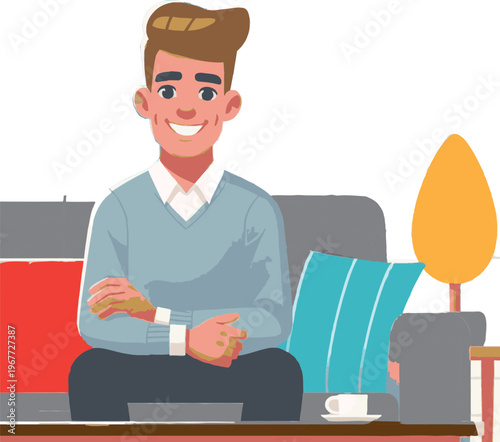 Happy young man relaxing on a couch at home enjoying a cup of coffee in a cozy living room