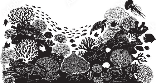 Black and white coral reef with fish illustration art