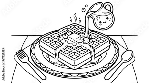 Syrup being poured on breakfast waffles.