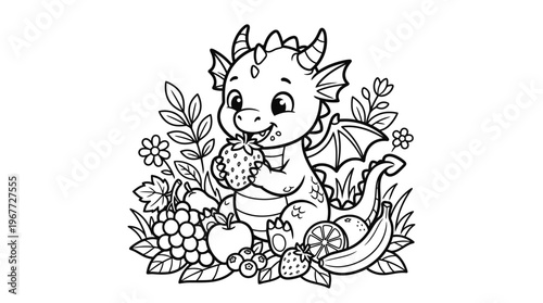 Cute dragon eating fruit happily.