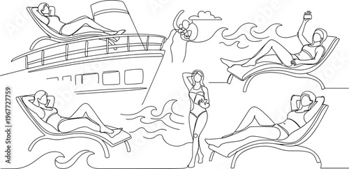 Beach Vacation Outline Illustration Set with Sunbathing Women, Cruise Deck Relaxation and Summer Holiday Leisure Scenes Collection