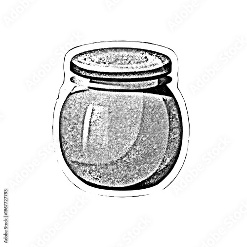 Hand drawn illustration of a sealed glass jar filled with granules, wooden lid, textured surface, sketch style shading, isolated foreground.