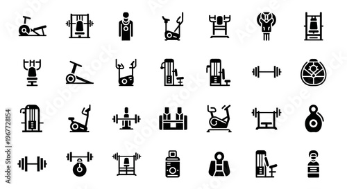 Collection of fitness and gym equipment icons for workout and exercise.