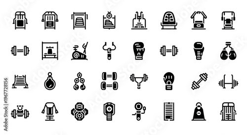 Collection of fitness and gym equipment icons for workout and exercise.