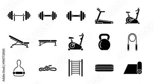 Collection of gym and fitness equipment icons for workout and exercise.