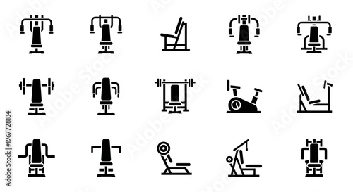 Collection of gym equipment icons for fitness and workout.