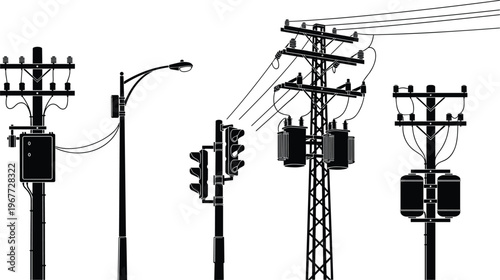 WebSilhouettes of diverse utility poles with transformers, streetlights, and traffic signals, detailed illustration showing electrical infrastructure and urban power 