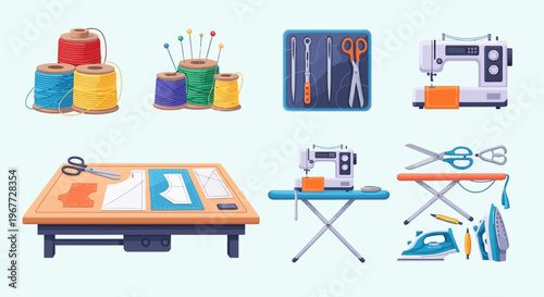 Comprehensive collection of sewing and tailoring tools and equipment.
