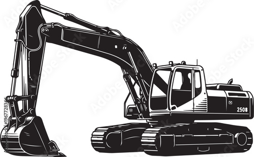 Black and white excavator machine with tracks and arm