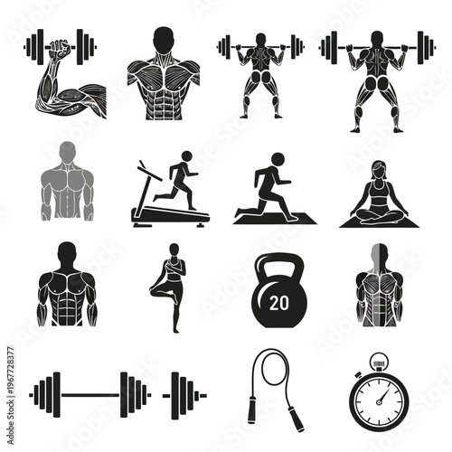 Fitness and Workout Icons Set for Gym and Exercise.