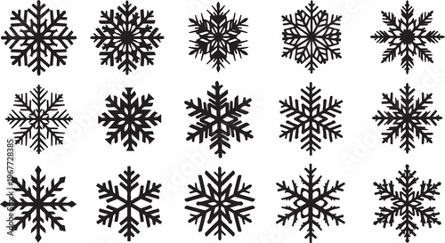 Collection of unique black snowflakes on white background illustration