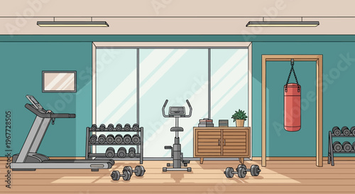 Home Gym Interior with Exercise Equipment and Punching Bag.