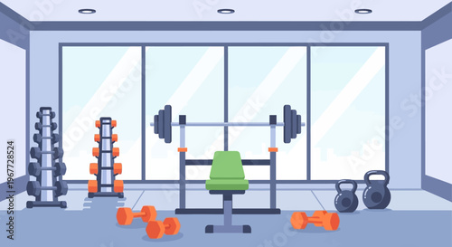 Home Gym Setup with Weight Bench and Dumbbells for Fitness Training.