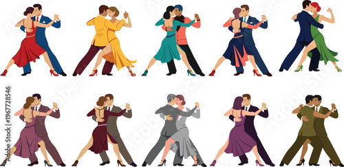 WebElegant tango couples dancing in pairs, colorful illustration of men in suits and women in dresses, showcasing graceful posture, balance, and connection