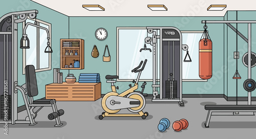 Home Gym with Exercise Bike and Punching Bag.