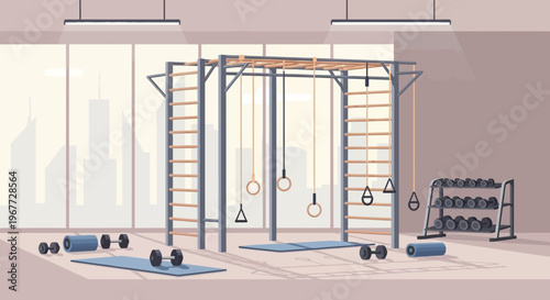Indoor gym with various fitness equipment for strength training and exercise.
