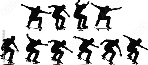WebSilhouettes of skateboarder performing jump trick sequence, dynamic illustration showing motion stages from crouching to airborne and landing, highlighting balance, skill, and coordination