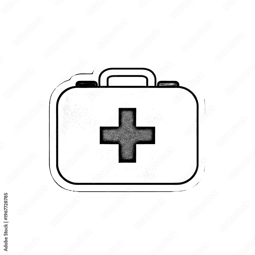 Fototapeta premium Classic white medical kit with black symbol, portable handle, textured surface, hand drawn style, isolated medical emergency container.