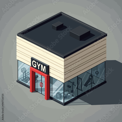 Fotografía Isometric Gym Building with Glass Walls and Red Entrance Sign.