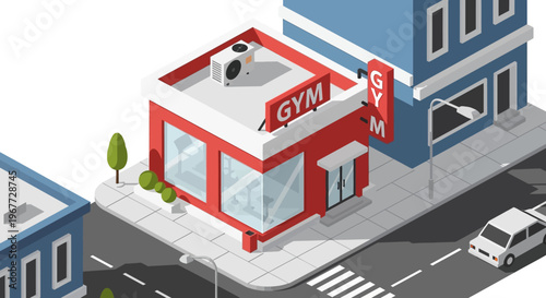 Isometric Gym Building with Red Facade and Signage.