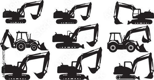 Heavy machinery excavators and construction equipment silhouettes collection