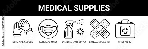 Medical Supplies web banner icon vector illustration concept with icons of surgical gloves, surgical mask, disinfectant spray, bandage plaster, and first aid kit.