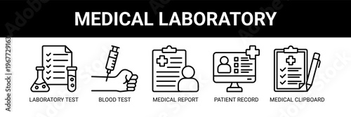 Medical Laboratory web banner icon vector illustration concept with icons of laboratory test, blood test, medical report, patient record, and medical clipboard.