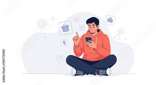 Young man using smartphone, interacting with digital icons, sitting cross-legged