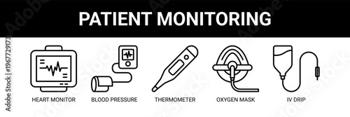 Patient Monitoring web banner icon vector illustration concept with icons of heart monitor, blood pressure monitor, thermometer, oxygen mask, and IV drip.