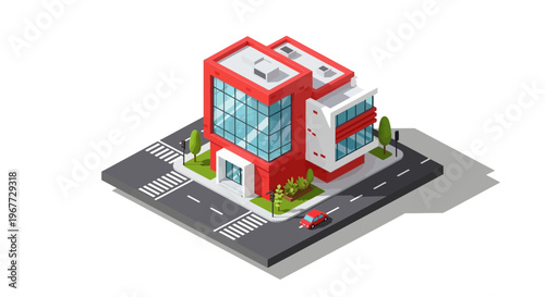 Modern Isometric Office Building with Red Accents and Surrounding Road.