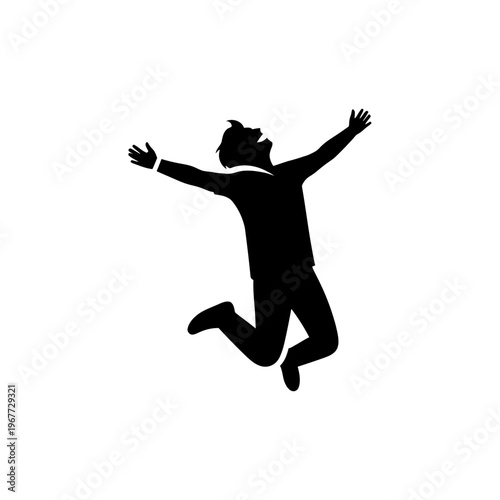 A silhouette of a man jumping in the air with his arms outstretched in a joyful expression