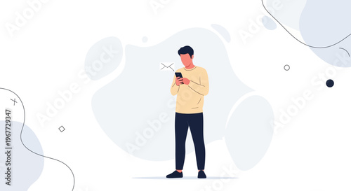 Man using smartphone, receiving message notification, modern minimalist illustration